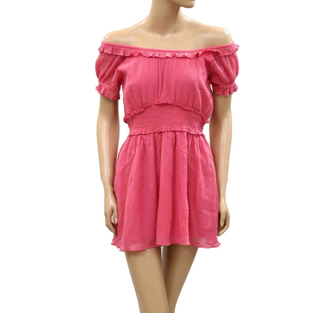 Loveshackfancy Off Shoulder Mini Dress Smocked Ruffle Solid Cotton XS 287830